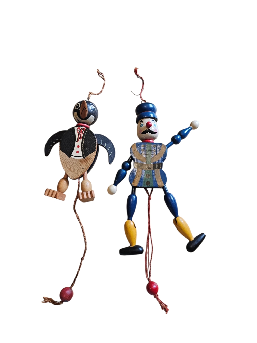 Vintage Wooden Pull String Jumping Jack Toys Austria Penguin Clown 8in Folk Art